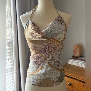 Pleione Satin Boho Bandana Tie Halter Top - Gold Beige Olive Brown White Sm-Med
